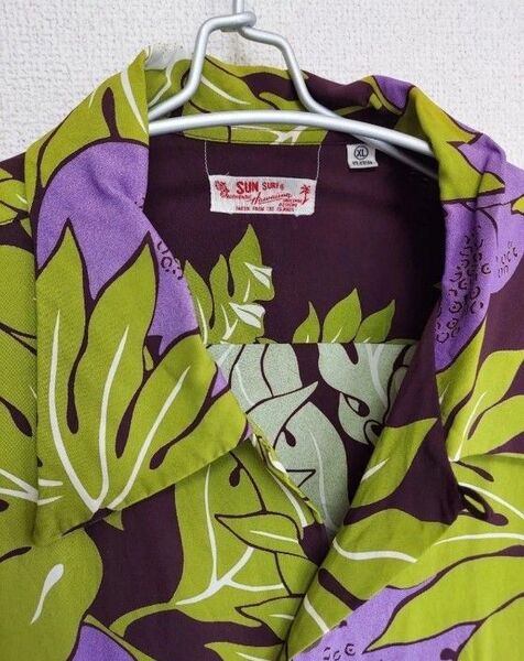 本日セール ~SUN SURF~ サンサーフアロハシャツ XL パープル×グリーン 開襟シャツ オープンカラーシャツ アロハ