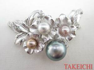 K18* pendant top pearl * diamond 0.40ct flower flower /32739