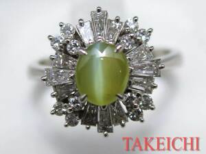 Pt900★リング クリソベリルキャッツアイ1.12ct◇ダイヤモンド1.01ct●15号◆ソーティング付き 新品仕上げ済み/28491