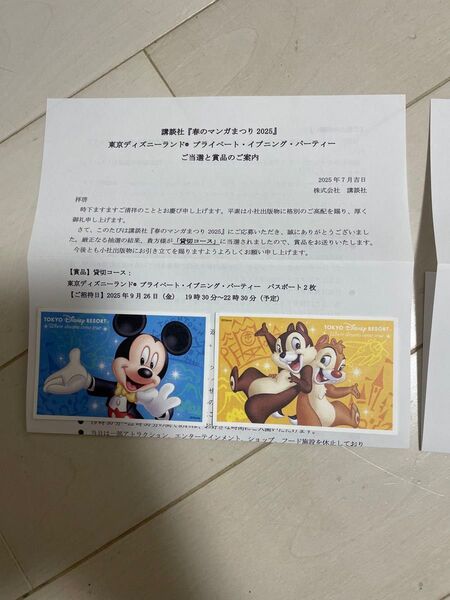 東京ディズニーランド イブニングパーティー 貸切コース 9月26日 パスポート2枚 講談社春のマンガまつり当選