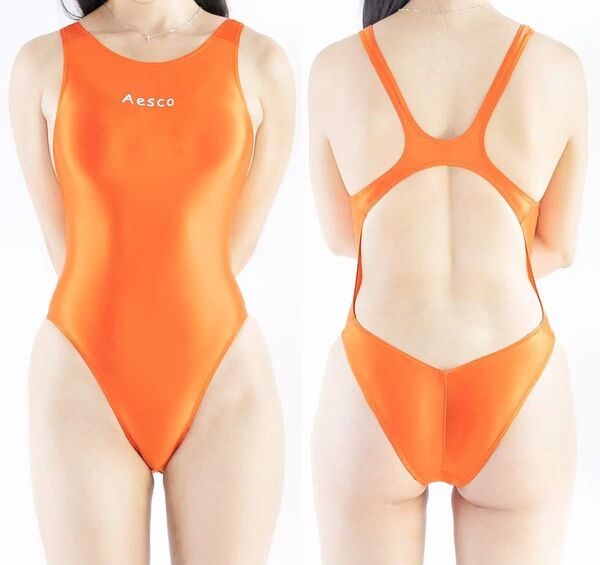 AECSO ハーフバック水着 ハイレグ 競泳水着 光沢 コスプレ衣装 ロゴあり オレンジ Sサイズ