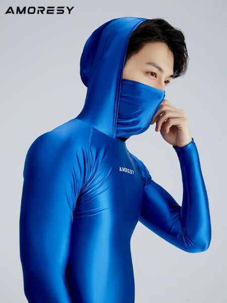 AMORESY ハイネック長袖 ランニングTシャツ UVカット フード付き スパンデックス 通気性 ブルー Lサイズ
