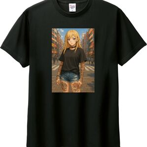 2D アニメ 金髪ギャル Tシャツ ロンt ブラック M-XL 綿100% 5.6オンス パロディ ネタ タトゥー