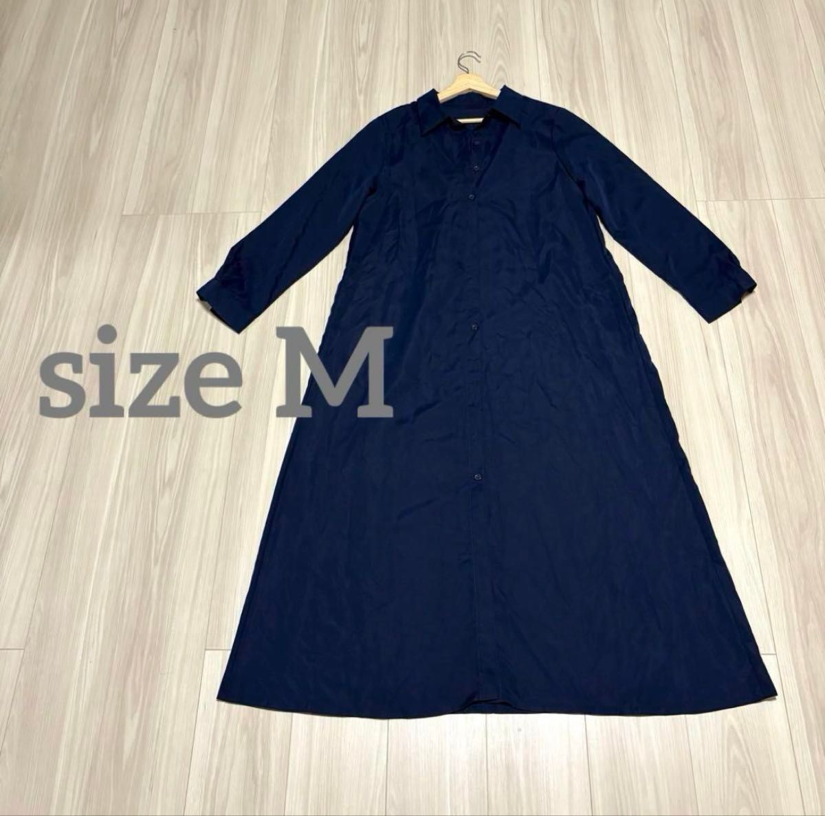 ネイビー　七分袖　シャツワンピース M ロングワンピース