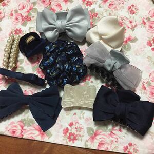  Vance clip 7 piece, barrette 4 piece etc. hair accessory together set pearl ribbon cat gray navy blue group white 