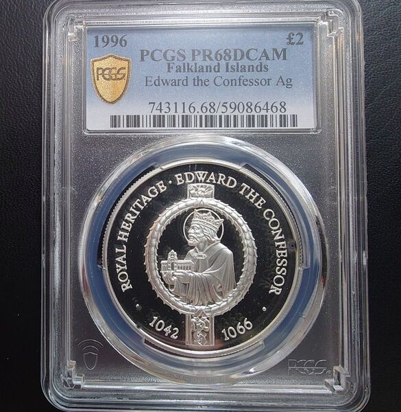 1996年 イギリス領フォークランド諸島銀貨 2ポンド エドワード懺悔王銀貨 SV925 PCGS PR68 DCAM鑑定済スラブ