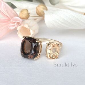 天然石 スモーキークォーツ シトリン フォークリング フリーサイズ ゴールド シルバー オープンリング