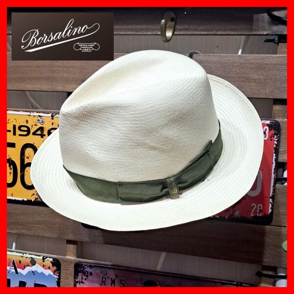 大きなサイズ! Borsalino ボルサリーノ 折り畳み 中折れ パナマハット 麦わら帽子 60 ホワイト イタリア製
