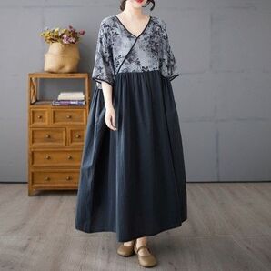綿麻ワンピース ボタニカル 水墨 体型カバー ロングワンピース バイカラー カシュクール ワンピース 七分袖 ハイウエスト切り替え
