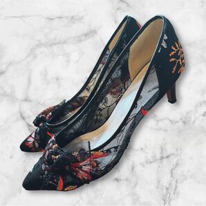 銀座かねまつ 24cm Kanematsu レース パンプス 花柄刺繍