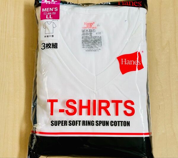 Hanes ヘインズ V首インナーシャツ 半袖 メンズ LLサイズ 3枚組 上質な綿 リングスパンコットン ホワイト系