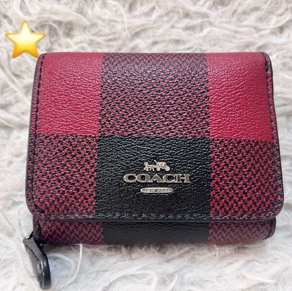 【美品】COACH コーチ 格子柄 三つ折り財布 コンパクトウォレット 赤×黒 ラウンドファスナー ゴールドゴロ ホース レッド