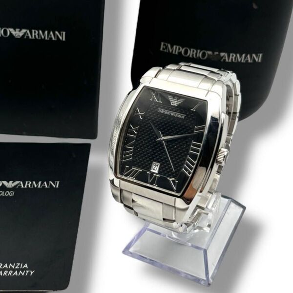稼働 EMPORIO ARMANI エンポリオ アルマーニ 腕時計 メンズ クオーツ 黒文字盤 3針 シルバー デイト トノー 箱