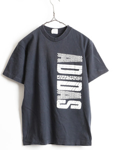 人気 黒 80's USA製 ビンテージ ■ ADIDAS アディダス 両面 ビッグ 発砲 ロゴ プリント 半袖 Tシャツ ( メンズ S )古着 ロゴT トレフォイル