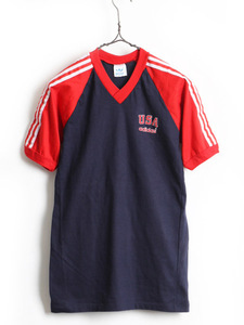 80's USA製 ビンテージ ■ ADIDAS アディダス 3ライン フロッキー プリント Vネック 半袖 Tシャツ ( メンズ レディース S ) 古着 ロゴT