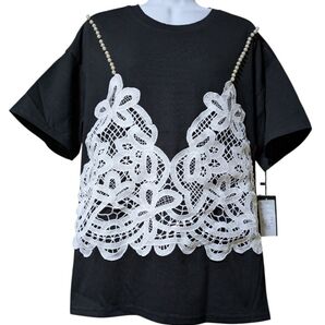 パール付きレース装飾トップス レディース Tシャツ カットソー