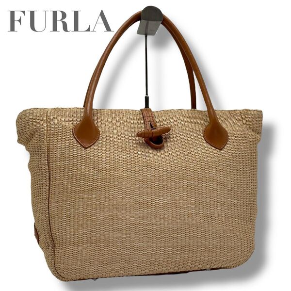 良品 FURLA フルラ トートバッグ カゴバッグ ラフィア調 レザー A4 大容量 肩掛け