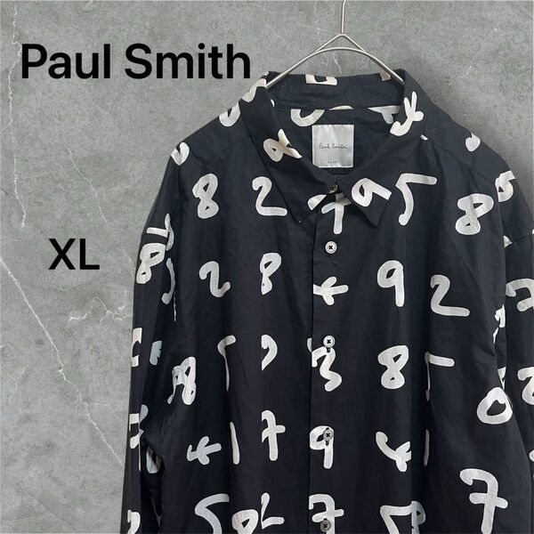 【希少】Paul Smith ポールスミス 数字プリント 長袖シャツ 黒 ブラック XL 総柄 コットン 長袖