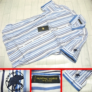  complete sale! limitated production! regular price 4,5 ten thousand jpy . ultimate profit! Italy made! large embroidery . Logo & multi stripe color blue series! short sleeves casual shirt M~L Hunting World 