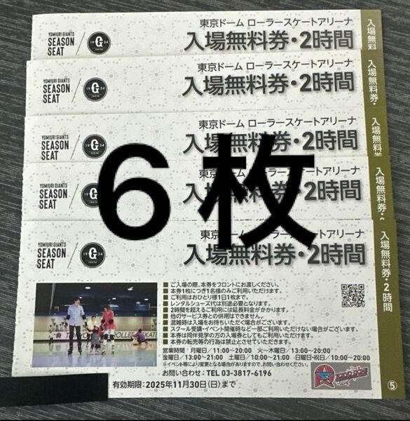 優待券 東京ドーム ローラースケートアリーナ 2時間入場無料券 6枚 +メイク用綿棒1本