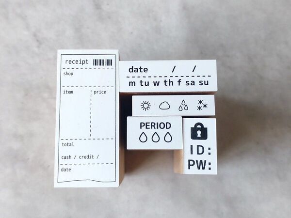 ●はんこ5点セット●ID/PW●receipt●PERIOD●date●天気●手帳等に●送料込●USED