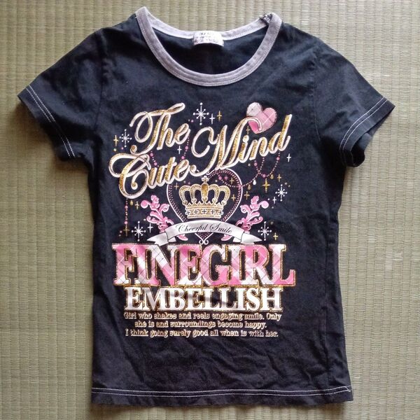 ガールズ Tシャツ140 半袖 プリント ブラック 王冠 ハート