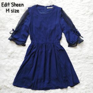 fifth Edit sheen/チュール 透け感 シアー ひざ丈ワンピース ネイビー 結婚式 パーティードレス Mサイズ