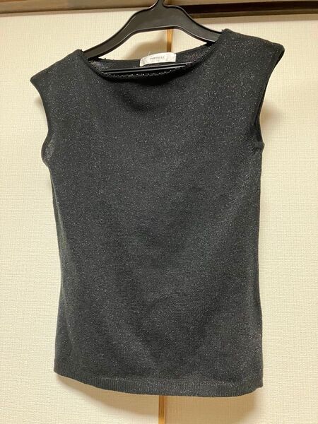 カットソー ノースリーブ 半袖 フレンチスリーブ ニット ラメ レディース M 夏 トップス ブラウス ブラック タンクトップ