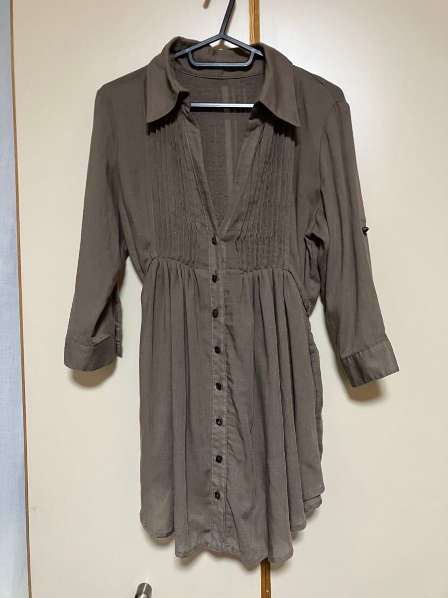 ブラウス シャツ チュニック 長袖 七分袖　レディース　M ロング丈　トップス　茶色系　ブラウン系　ポリエステル