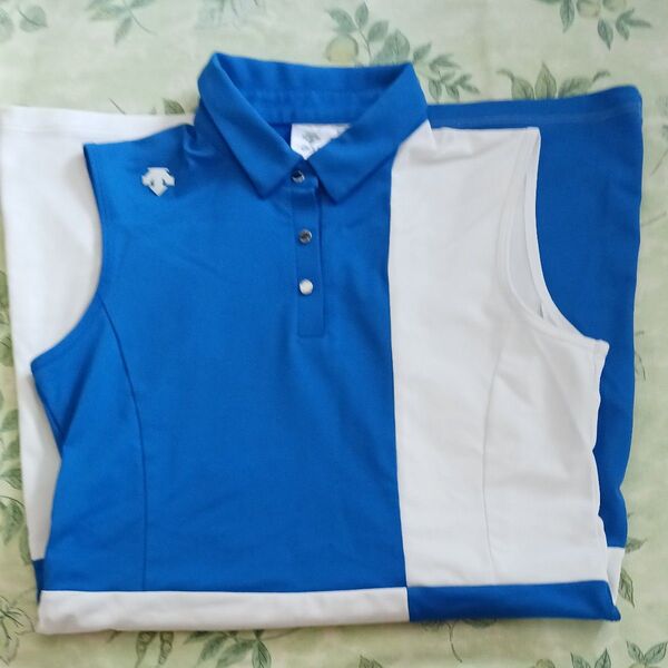 DESCENTE GOLF レディースゴルフウェア ノースリーブワンピースブルー×ホワイト L