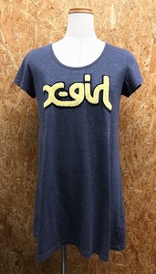X-girl エックスガール 2 レディース チュニックTシャツ タオル地のロゴワッペン Uネック 半袖 綿×ポリエステル ヘザーネイビー
