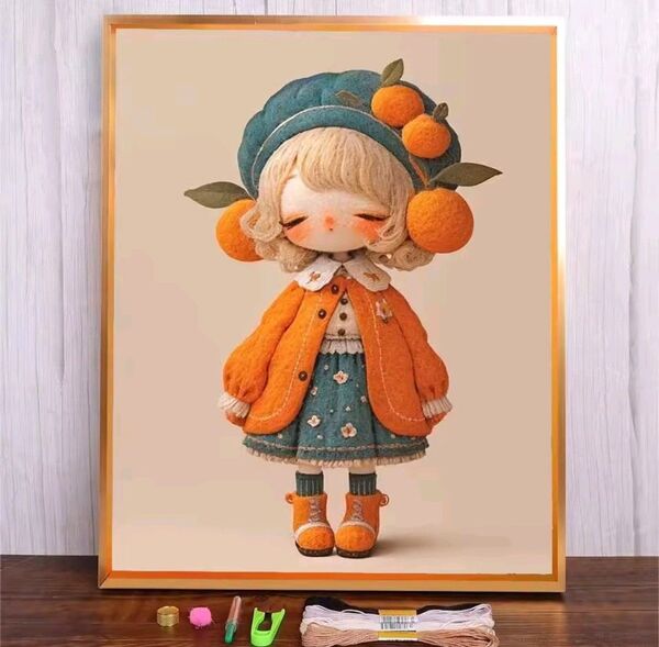 みかん帽子の女の子 クロスステッチキット 図案印刷布