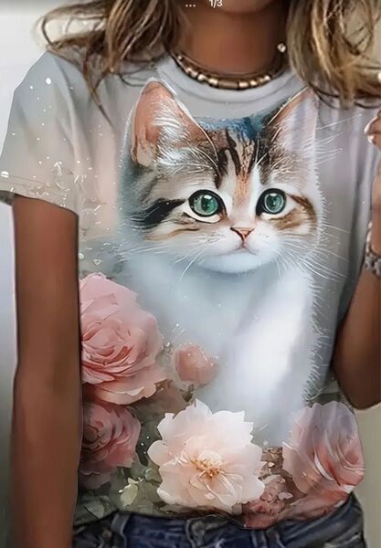 新品 未使用 猫プリント 半袖Tシャツ レディース Lサイズ M(JPーL) 両面プリント グレー×ピンク 花と蝶