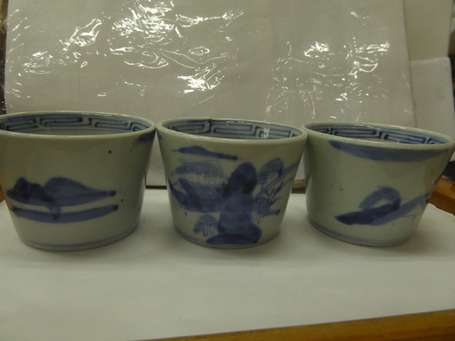 سوبر مخفضة, غير مستعمل, أواخر فترة إيدو, كو إيماري, المناظر الطبيعية رسمت باليد الخزف الأزرق والأبيض, أكواب سوبا شوكو لمدة 3 ب, أدوات المائدة, أدوات المائدة اليابانية, آحرون