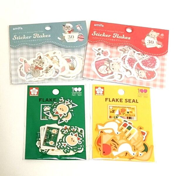 新品 amifa サクラクレパス フレークシール 4点セット シール ネコ 猫 ねこ うさぎ 鳥 レトロ 文具 廃盤