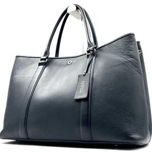 《極美品》BARNEYS NEWYORK バーニーズニューヨーク メンズ ビジネス シボ革 レザー トートバッグA4 チャーム ネイビー 肩掛け