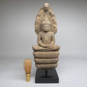 「都内コレクター所蔵品」アンコール期 クメール ナーガ蛇上の仏坐像 石仏 神像 仏像 彫刻 仏教美術/東南アジア美術 lot:92213