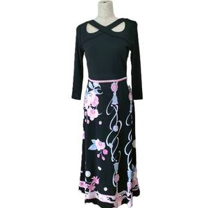 2024 新品同様 レオナール ワンピース ロングドレス 36 小さいサイズ 黒 ピンク LEONARD 結婚式 パーティー