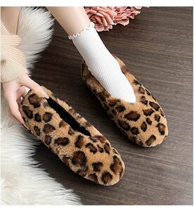 ファーパンプス パンプス レディース 靴 ぺたんこ フラット フラットシューズ ローヒール ラウンドトゥ ヒョウ柄/24.5cm hw1384.3.24.5cm