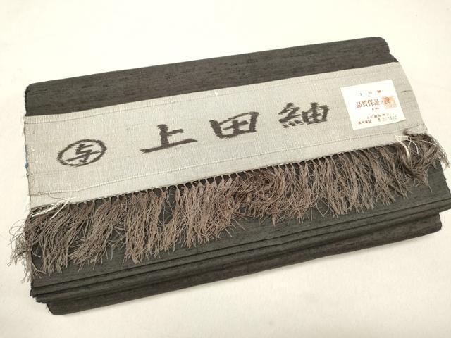 【単】上田紬 未使用品82602 真綿紬 つむぎ 横段縞絣 金茶色 リサイクル真綿紬袷リサイクル