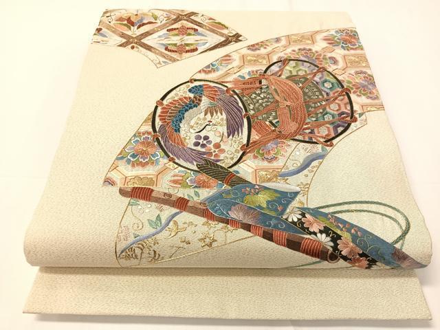 相良刺繍 袋帯 新品未使用 太鼓 正絹 袋帯 美品 逸品 華文 鳥 相良刺繍 ベージュ お太鼓柄 正絹 中古