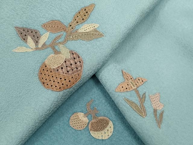 単衣　スワトウ刺繍　総刺繍　鳳凰　訪問着　鳥　扇子　空色　夏物　相良刺繍 6dda5293d5cc06007c636ba65a5968