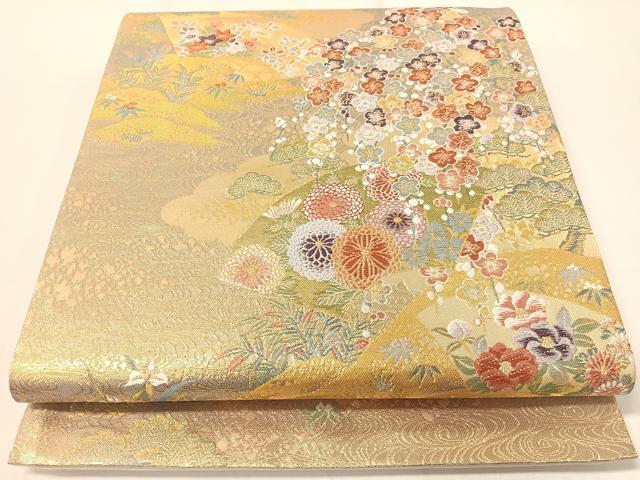 草木唐織　袋帯　未使用保管品 袋帯 草木唐織 吉祥七宝三友文 百彩 灰色 ガード加工 O-4856