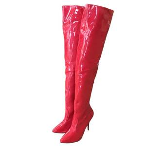 ■PLEASER USA プリーザー ニーハイ エナメルブーツ サイドジップ 赤 サイズ実測27cm コスプレ ハロウィーン中古美品 1.2kg