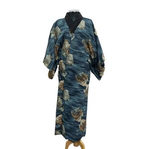 男性 着物 総柄 龍 虎 和服 和柄 ドラゴン タイガー size: 着丈131㎝、裄丈63.5㎝、袖46.5㎝■0925KH①