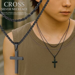 クロス ネックレス メンズ レディース ダブルチェーン仕様 十字架 2連 アクセサリー シンプル おしゃれ 7986670 ブラック 新品