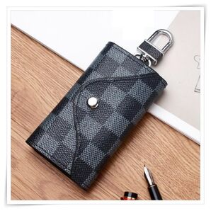 市松模様 格子柄 チェック柄 キーケース 折り畳み ブラック