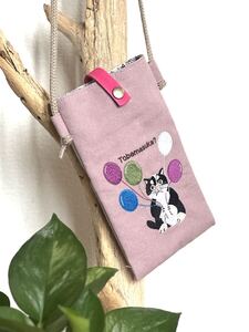 【送料無料】ハンドメイド*刺繍スマホポーチ*猫と風船*おとぼけハチワレ君スマホショルダー♪ピンク♪