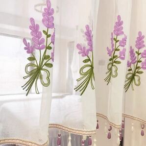 カフェカーテン 幅200cm*丈50cm ラベンダー 上品 フリンジ付き 目隠し レースカーテン 花柄 刺繍 紫 一枚 高級感