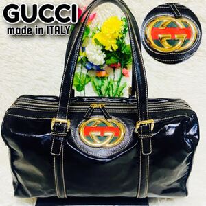 30万●GUCCI●グッチ●ショルダーバッグ●インターロッキング●シェリーライン●ゴールド●ボストンバッグ●肩がけ●光沢●エナメル●